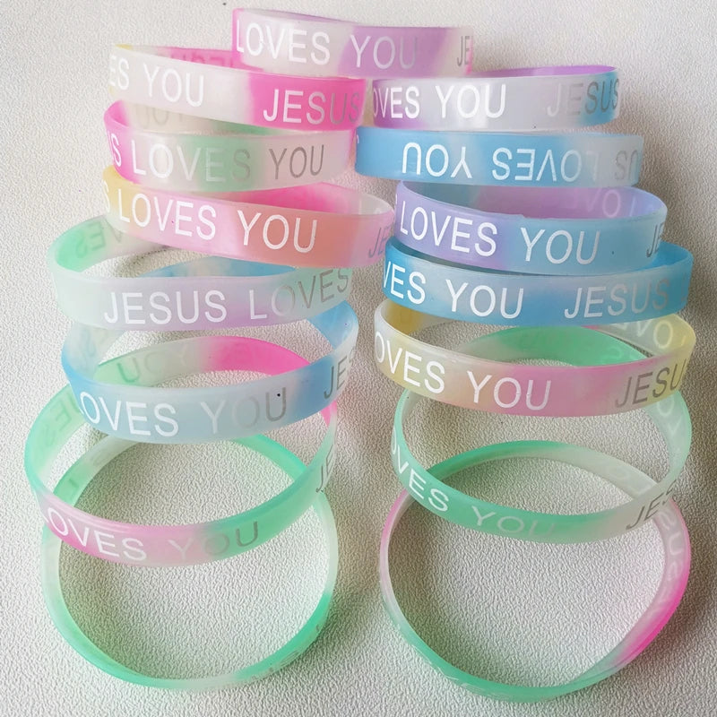 20PCS Lots Jesus Silicone Bracelets Devout Christian Church Prayer Rubber Band Night Glow Mix Color Hand Wristband Brand Jewelri