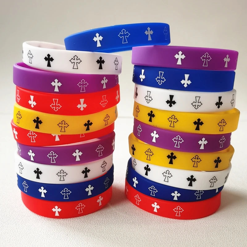 20PCS Lots Jesus Silicone Bracelets Devout Christian Church Prayer Rubber Band Night Glow Mix Color Hand Wristband Brand Jewelri